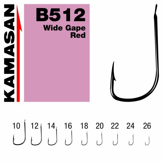 Carlige Kamasan B512 Wide Gape, Rosu, 10buc/plic KHPB512010